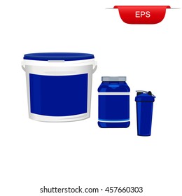 Can and bucket of protein or gainer powder with shaker isolated on white background