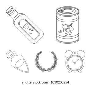 A can of canned olives, a bottle of oil with a sticker, an olive wreath, a glass jar with a cork. Olives set collection icons in outline style vector symbol stock illustration web.