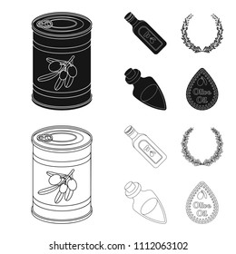 A can of canned olives, a bottle of oil with a sticker, an olive wreath, a glass jar with a cork. Olives set collection icons in black,outline style vector symbol stock illustration web.