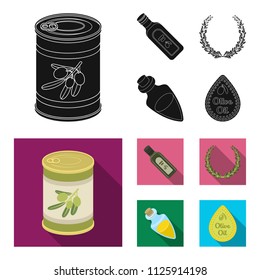 A can of canned olives, a bottle of oil with a sticker, an olive wreath, a glass jar with a cork. Olives set collection icons in black, flat style vector symbol stock illustration web.