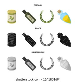 A can of canned olives, a bottle of oil with a sticker, an olive wreath, a glass jar with a cork. Olives set collection icons in cartoon,black,monochrome style vector symbol stock illustration web.