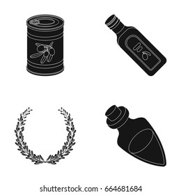 A can of canned olives, a bottle of oil with a sticker, an olive wreath, a glass jar with a cork. Olives set collection icons in black style vector symbol stock illustration web.