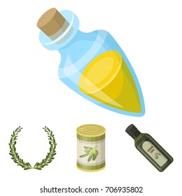 A can of canned olives, a bottle of oil with a sticker, an olive wreath, a glass jar with a cork. Olives set collection icons in cartoon style vector symbol stock illustration web.