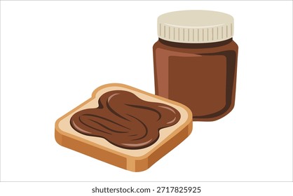 Una lata de pasta de chocolate y delicioso chocolate untado en rebanada de pan recién horneado aislado Ilustración vectorial sobre fondo blanco