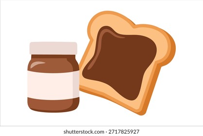Uma lata de pasta de chocolate e delicioso chocolate espalhado em pão assado fresco fatia vetor isolado ilustração no fundo branco