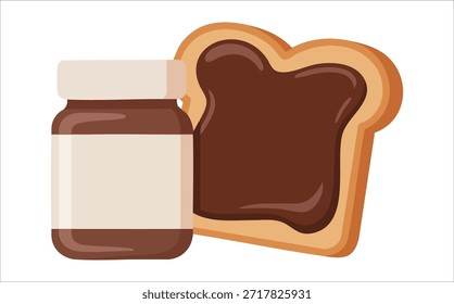 A can of chocolate paste and Delicious chocolate spread on fresh baked bread slice isolated vector illustration on white background