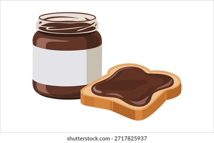 Uma lata de pasta de chocolate e delicioso chocolate espalhado em pão assado fresco fatia vetor isolado ilustração no fundo branco