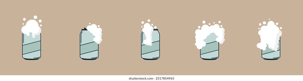 Can of cold soda vector set. Soda can icon. Drink color icon. Foam from a can vector icon set. Frothy soda vector. Vector illustration.