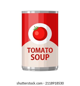 Can of condensed tomato soup. Vector flat color illustration. Isolated on white background.