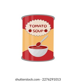 Can of condensed tomato soup. Vector flat color illustration. Isolated on white background.