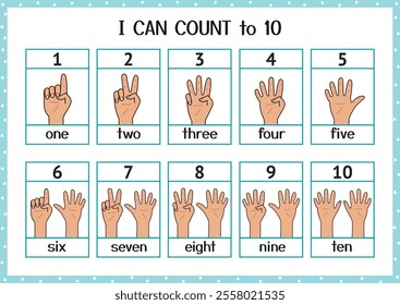 I can count to 10 hand gestures set. Hand drawn fingers showing numbers 1-10 in cartoon style for kids learning activities. Vector illustration