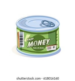Can cup with money label. money package. easy money concept - vector illustration