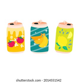 can of cute kawaii lemon, strawberry, banana soda. Lemonade in an aluminum recyclable jar. A refreshing summer drink in a bottle with lemons. Stock vector illustration on a white background.