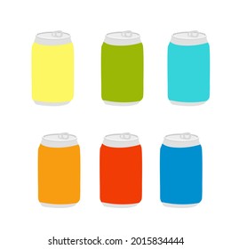 can of cute kawaii lemon, strawberry, banana soda. Lemonade in red, yellow aluminum recyclable jar. A refreshing summer drink in color bottle. Stock vector illustration on a white background