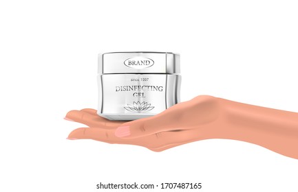 Can of disinfectant gel in hand on a white background, realistic hand and jar, vector illustration