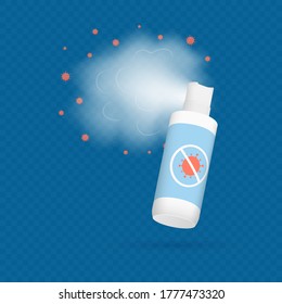 Una lata con una solución desinfectante, un spray contra infecciones y virus aislados en un fondo azul oscuro. Ilustración vectorial.