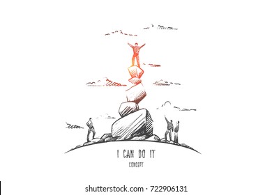 I can do it concept. Hand drawn man on top. Words I can do it isolated vector illustration.