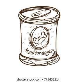 Can with dog food. Outline vector illustration isolated on white background.