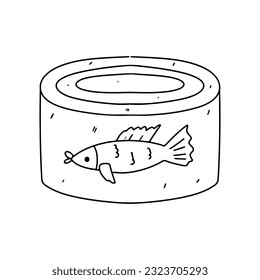 lata de pescado. Estilo de doodle dibujado a mano. Ilustración vectorial aislada en blanco. Colorido de la página.