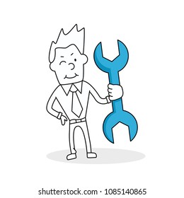 I can fix - businessman with wrench cartoon vector illustration outline