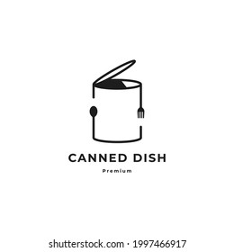 Se puede con tenedor y cuchara, diseño de símbolo de símbolo del logotipo del plato enlatado. Ilustración del vector