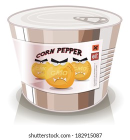 Can Of Gmo Corn Grains/ Illustration of cartoon angry poisoned corn grains genetically modified organism inside tin can, symbolizing toxic food and meal from the big industry