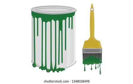 A can of green paint - flowing drops - paint brush - isolated on white background - vector.