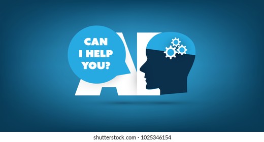 Can I Help You? - Global AI Assistance, Automated Support, Digital Aid, Deep Learning and Future Technology Concept Design with Human Head - Vector Illustration