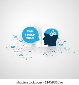 ¿Puedo Ayudarte? - Asistencia global de IA, soporte automatizado, ayuda digital, aprendizaje profundo y diseño futuro de conceptos de tecnología inteligente con cabeza humana - Ilustración de vectores