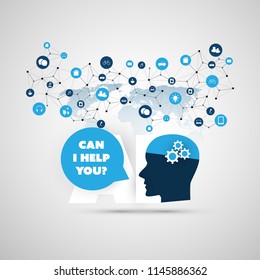 Can I Help You? - Global AI Assistance, Automated Support, Digital Aid, Deep Learning and Future Smart Technology Concept Design with Human Head - Vector Illustration