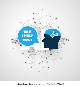 Can I Help You? - Global AI Assistance, Automated Support, Digital Aid, Deep Learning and Future Technology Concept Design with Human Head - Vector Illustration