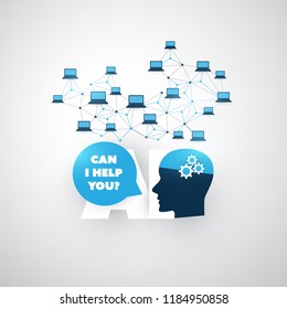 Can I Help You? - Global AI Assistance, Automated Support, Digital Aid, Deep Learning and Future Smart Technology Concept Design with Human Head - Vector Illustration