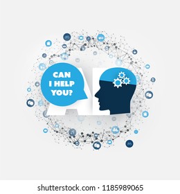 Can I Help You? - Global AI Assistance, Automated Support, Digital Aid, Deep Learning and Future Smart Technology Concept Design with Human Head - Vector Illustration