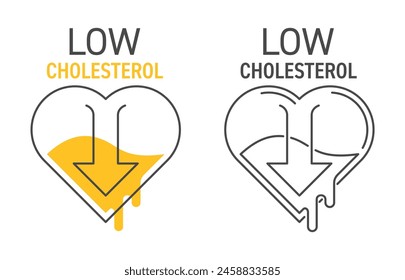 Puede ayudar a reducir el colesterol - insignia en línea delgada para nutrientes saludables para el corazón. Silueta de corazón con goteo de grasas. Rótulo de Vector aislado
