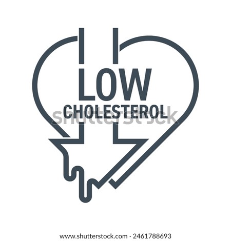Can Help lower Cholesterol - badge in thin line for heart-healthy nutrients. Heart silhouette with dripping fats. vector emblem in bold line