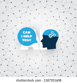 Can I Help You - AI Assistance, Automated Support, Digital Aid, Deep Learning and Future Smart Technology Concept Design with Human Head - Vector Illustration