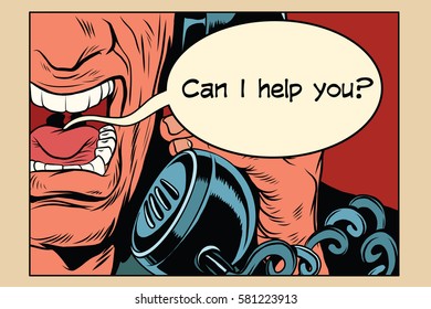 Can i help you. Angry man talking on the phone. Vintage pop art retro comic book vector illustration