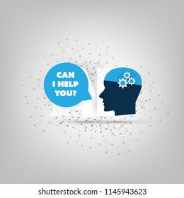 Can I Help You - Global AI Assistance, Automated Support, Digital Aid, Deep Learning and Future Technology Concept Design with Human Head - Vector Illustration