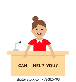 Can I help you. Women female girl people consultant. Table Information desk counter microphone. Reception service. Info support. Cute cartoon character. Flat design White background Vector