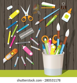 Can Holder with Office Supplies and Stationery Objects Wood Background