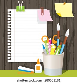 Can Holder with Office Supplies and Stationery Paper Background and Frame