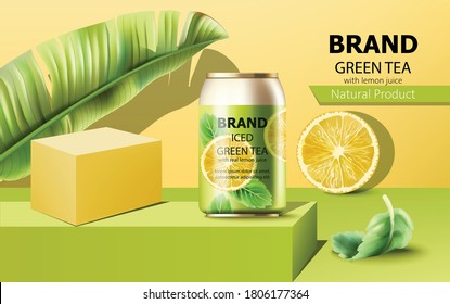 Can Of Iced Green Tea On Podium Surrounded By Mint, Lemon Slice And Tropical Leaf. Place For Text. Realistic. Vector