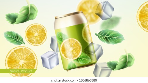Can of iced green tea surrounded by ice cubes, mint and lemon slices. Place for text. Realistic. Vector
