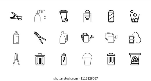 Can icon. collection of 18 can outline icons such as tank, trash bin, recycle bin, garden tools, energetic drink, bucket. editable can icons for web and mobile.