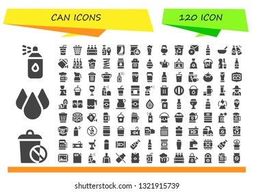 can icon set. 120 filled can icons.  Simple modern icons about  - Paint spray, Trash, Drop, Soda, Waste, Beer box, Beer, Can, Barrel, Delete, Baby food, Beers, Watering Spring