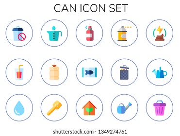 can icon set. 15 flat can icons.  Simple modern icons about  - trash, soda, water pot, beer keg, spray, canned food, spray paint, garbage, manure, watering can, drop, slotted spoon