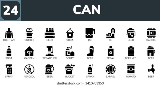 can icon set. 24 filled can icons.  Simple modern icons about  - Dustpan, Bucket, Beer, Soda, Jar, Tin, Barrel, Garden, Scratcher, Spray, Beer keg, Aerosol, Tomato