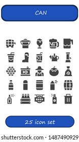 can icon set. 25 filled can icons.  Collection Of - Beer, Bucket, Jar, Soda, Watering can, Caviar, Canned food, Gardener, Tomato, Garbage, Thermo, Baby food, Spray, Spray paint