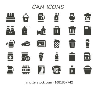 kann Icon gesetzt werden. 30 gefüllte Dosensymbole. Einschließlich Bier, Soda, Spray, Spray-Farbe, Müll, Gasdose, Wäscherei, Malerei, Mülleimer, Müll, Müll, Eimer-Symbole