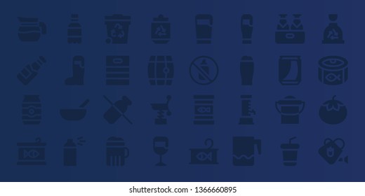 can icon set. 32 filled can icons. on blue background style Collection Of - Jug, Beer, Can, Canned food, Soda, Baby food, Spray, Trash, Barrel, Dairy, Spring, Aerosol, Jar, Bucket